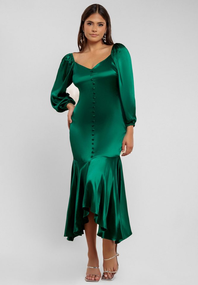 Goddiva Midikleid Satin Viscose Front Buttoned Dipped Hem Midaxi Dress Sweetheart-Ausschnitt, Satin-Viskose, High-Low, gesmokte Ärmel Goddiva Midikleid Satin Viscose Front Buttoned Dipped Hem Midaxi Dress Sweetheart-Ausschnitt, Satin-Viskose, High-Low, gesmokte Ärmel von Goddiva