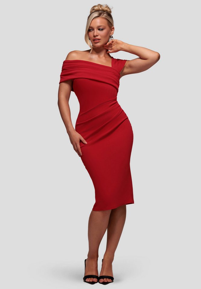 Goddiva Midikleid Scuba Crepe Pleated Drop Shoulder Midi Dress Knielang, Bodycon, Plissee-Details von Goddiva
