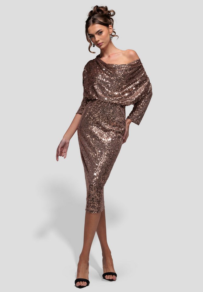 Goddiva Midikleid Sequin Cowl Neck Midi Dress Knielang, 3/4-Ärmel, Schulterfrei von Goddiva