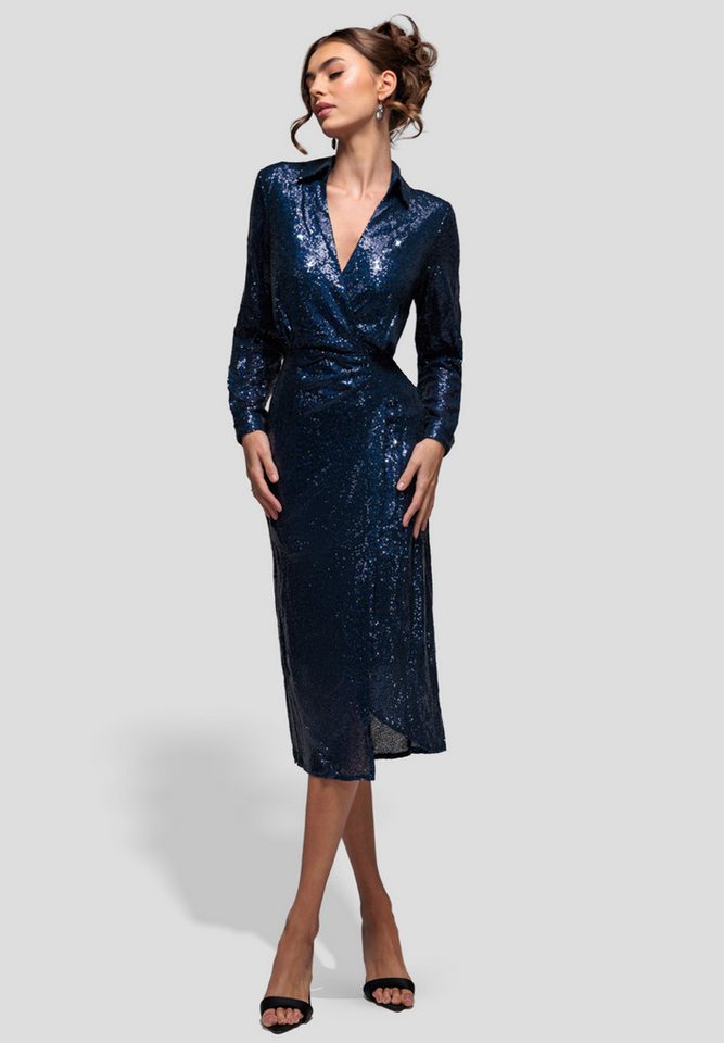 Goddiva Midikleid Sequin Front Split Shirt Dress knielang, V-Ausschnitt, lange Ärmel von Goddiva