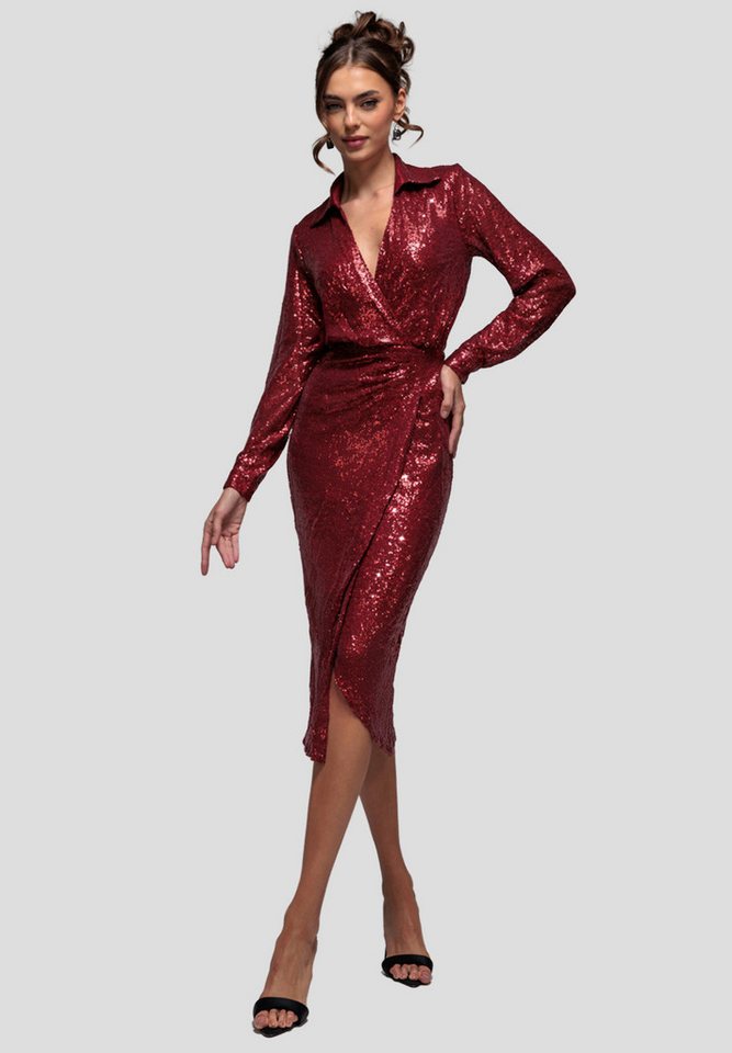 Goddiva Midikleid Sequin Front Split Shirt Dress knielang, V-Ausschnitt, lange Ärmel von Goddiva