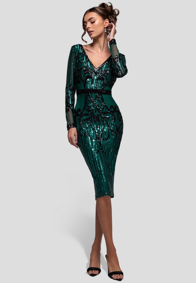 Goddiva Midikleid Sequin & Mesh Embroidered Midi Dress Knielanges Kleid, Lange Ärmel, V-Ausschnitt von Goddiva