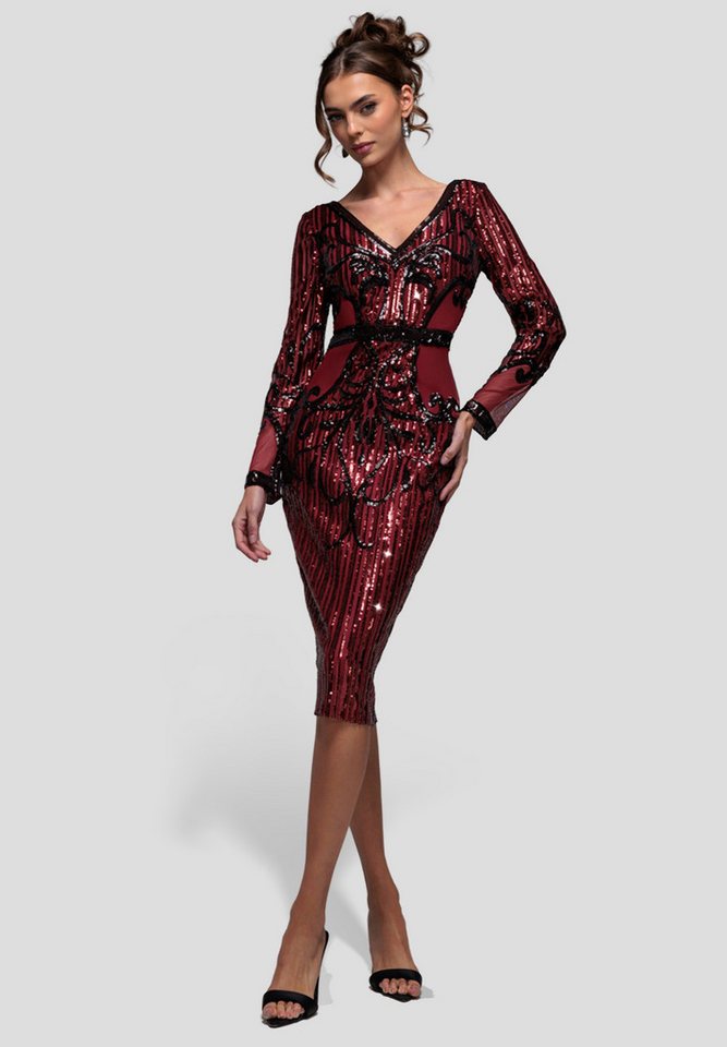 Goddiva Midikleid Sequin & Mesh Embroidered Midi Dress Knielanges Kleid, Lange Ärmel, V-Ausschnitt von Goddiva