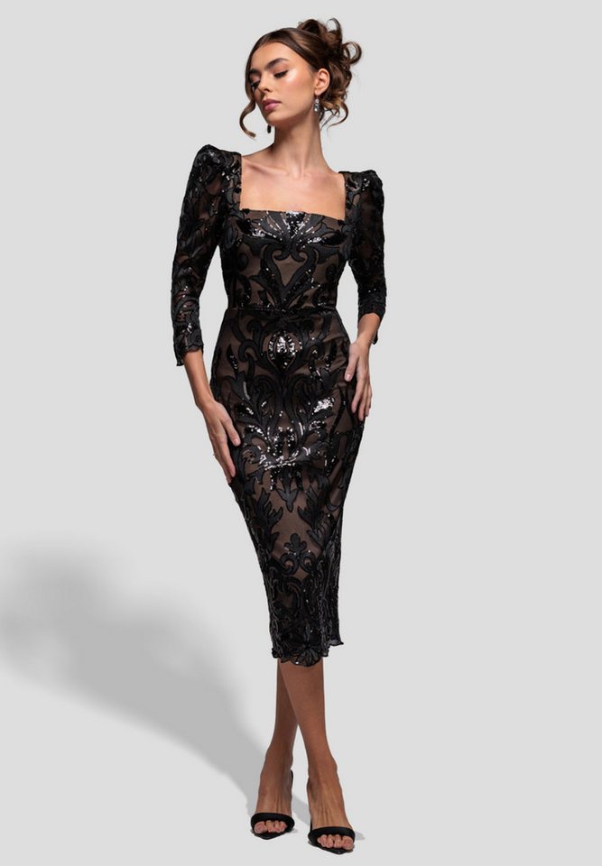 Goddiva Midikleid Square Neck Scalloped Embroidered Sequin Midi Dress Knielang, transparente Ärmel, Paillettendetails von Goddiva