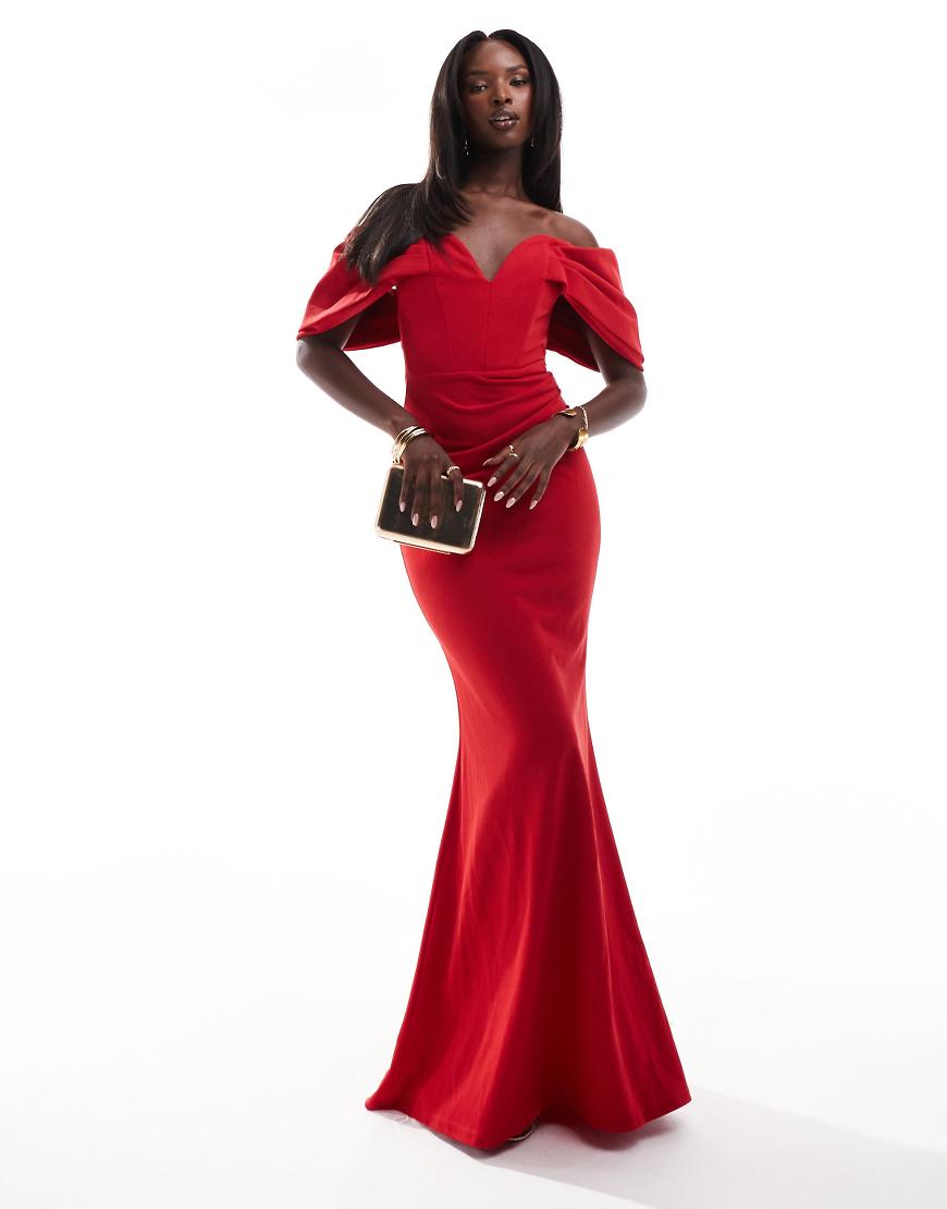 Goddiva - Schulterfreies, drapiertes Maxikleid in Rot von Goddiva