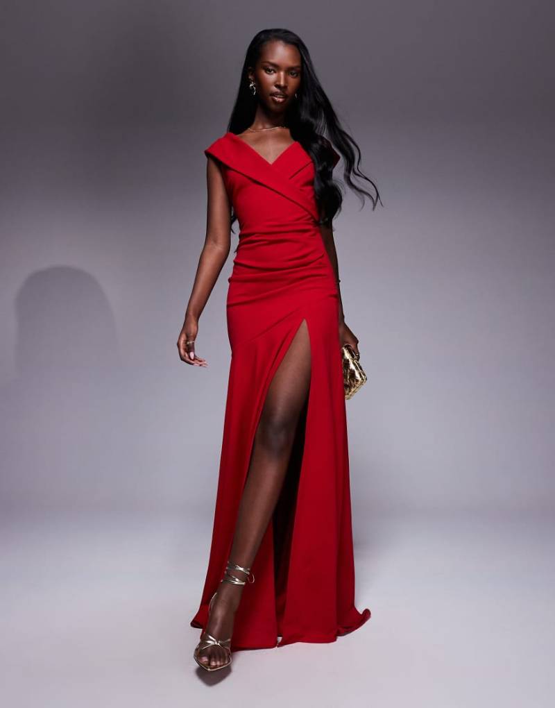 Goddiva - Schulterfreies Maxikleid aus Kreppstoff in Scuba-Optik in Rot mit Schlitz vorne von Goddiva