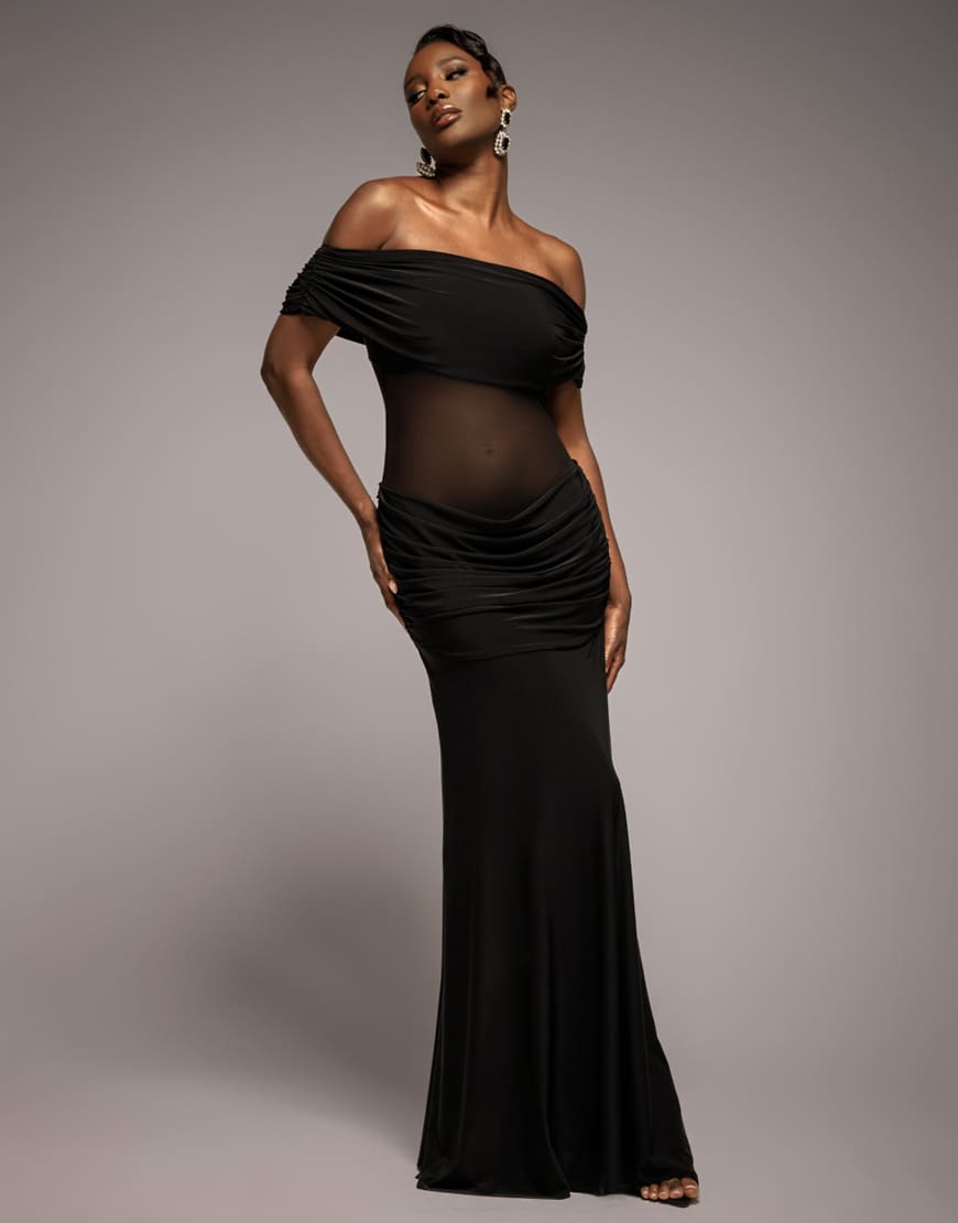 Goddiva - Schulterfreies Maxikleid in Schwarz mit Raffung und Netzstoff-Einsatz an der Taille von Goddiva