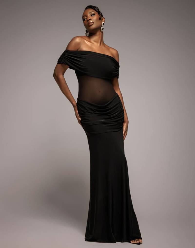 Goddiva - Schulterfreies Maxikleid in Schwarz mit Raffung und Netzstoff-Einsatz an der Taille von Goddiva