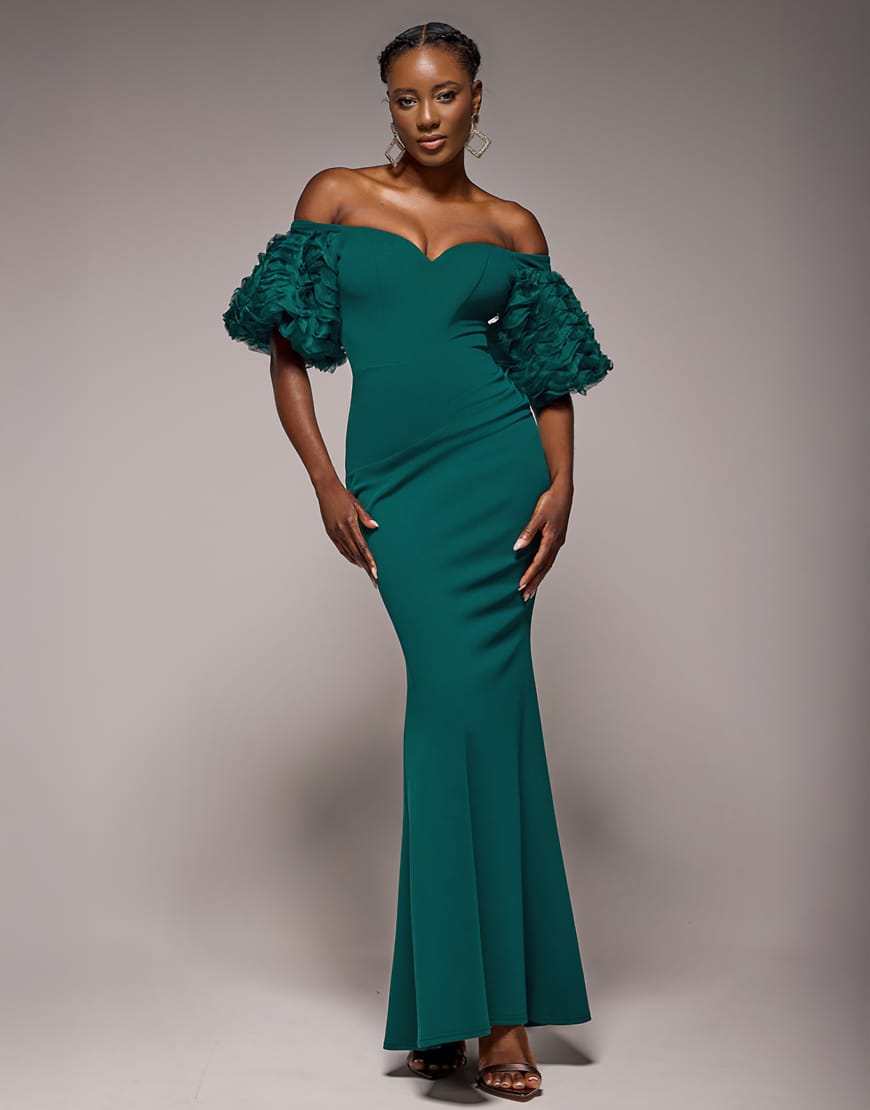 Goddiva - Schulterfreies Maxikleid mit 3D-Puffärmeln und Herzausschnitt in Smaragdgrün von Goddiva