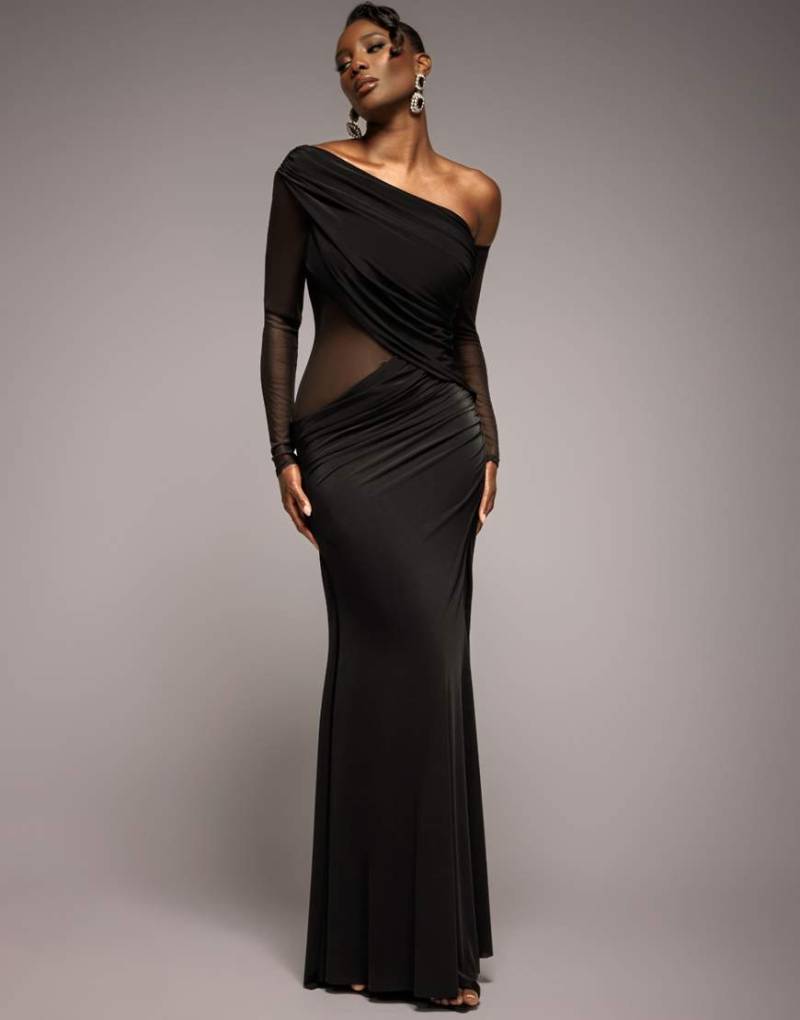 Goddiva - Weiches, asymmetrisches Maxikleid in Schwarz mit Raffung, Wasserfallausschnitt und Netzstoff von Goddiva