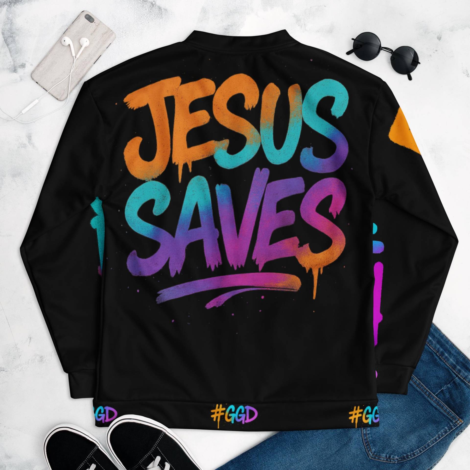 Christian Unisex Bomber Jacket "Jesus Saves" - Christliche Bomberjacke Christian Unisex Bomber Jacket "Jesus Saves" - Christliche Bomberjacke von GodlyGearsDesigns