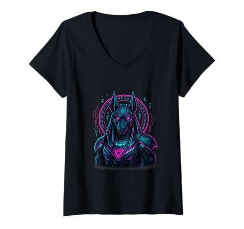 Damen Anubis Cyberpunk | Schakal, Hieroglyphen | Festival & Rave T-Shirt mit V-Ausschnitt Damen Anubis Cyberpunk | Schakal, Hieroglyphen | Festival & Rave T-Shirt mit V-Ausschnitt von Godmode Apparel