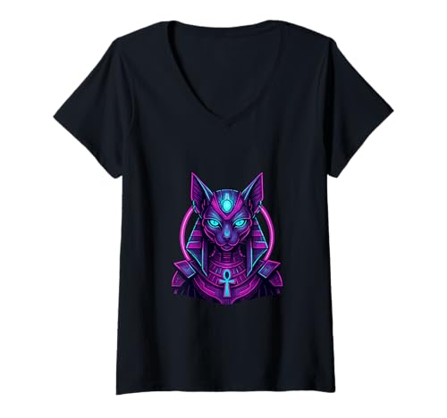 Damen Bastet Sphynx Cyberpunk | Ankh | Festival & Rave T-Shirt mit V-Ausschnitt Damen Bastet Sphynx Cyberpunk | Ankh | Festival & Rave T-Shirt mit V-Ausschnitt von Godmode Apparel
