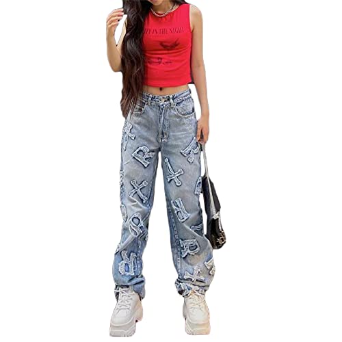 Godoboo Damen Baggy Jeans Y2K Style Vintage Hose Taille Farbe Gerade Hosen Lange Denim Jeans Hose Casual Lose Damenhose Freizeithose Boyfriend Jeans von Godoboo