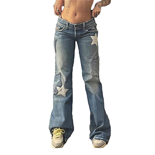 Godoboo Damen Baggy Jeans Y2K Style Vintage Hose Taille Farbe Gerade Hosen Lange Denim Jeans Hose Casual Lose Damenhose Freizeithose Boyfriend Jeans von Godoboo