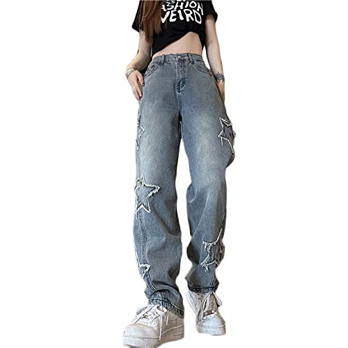 Godoboo Damen Baggy Jeans Y2K Style Vintage Hose Taille Farbe Gerade Hosen Lange Denim Jeans Hose Casual Lose Damenhose Freizeithose Boyfriend Jeans von Godoboo