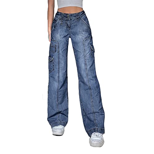 Godoboo Damen Baggy Jeans Y2K Style Vintage Hose Taille Farbe Gerade Hosen Lange Denim Jeans Hose Casual Lose Damenhose Freizeithose Boyfriend Jeans von Godoboo