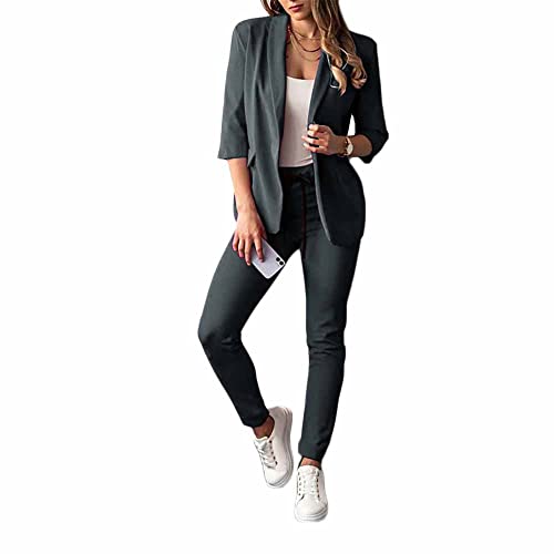 Godoboo Damen Business Anzug Set Elegant Hosenanzug Blazer Zweiteiliger Anzug Langarm Anzugjacke Slim Set 2 Stück Revers Büro Blazer von Godoboo