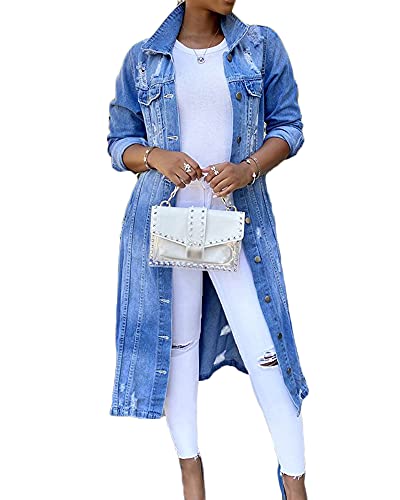 Godoboo Damen Jeansjacke Denim Jacket tailliert Stretch Langarm Knopf Runter Shirtkleid Tunikakleider Blusenkleid Hemdkleid Jeanskleider Mode Oversize von Godoboo