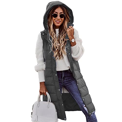 Godoboo Damen Lang Daunenweste Wintermantel Vest Ärmellose Warmer Daunenmantel Longweste Casual Winterjacke Outdoor Ärmellos Mantel Jacke Weste Lang Steppweste mit KapuzeWintermantel von Godoboo