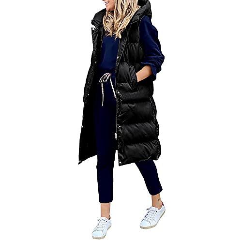 Godoboo Damen Lang Daunenweste Wintermantel Vest Ärmellose Warmer Daunenmantel Longweste Casual Winterjacke Outdoor Ärmellos Mantel Jacke Weste Lang Steppweste mit KapuzeWintermantel von Godoboo