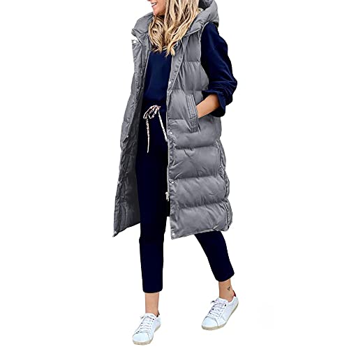 Godoboo Damen Lang Daunenweste Wintermantel Vest Ärmellose Warmer Daunenmantel Longweste Casual Winterjacke Outdoor Ärmellos Mantel Jacke Weste Lang Steppweste mit KapuzeWintermantel von Godoboo