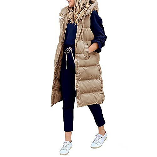 Godoboo Damen Lang Daunenweste Wintermantel Vest Ärmellose Warmer Daunenmantel Longweste Casual Winterjacke Outdoor Ärmellos Mantel Jacke Weste Lang Steppweste mit KapuzeWintermantel von Godoboo