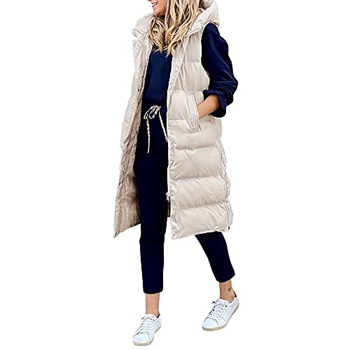 Godoboo Damen Lang Daunenweste Wintermantel Vest Ärmellose Warmer Daunenmantel Longweste Casual Winterjacke Outdoor Ärmellos Mantel Jacke Weste Lang Steppweste mit KapuzeWintermantel von Godoboo