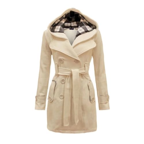 Godoboo Damen Mantel Warme Wintermantel Lange mit Kapuze Zweireihige Revers Winterjacke Trenchcoat Outwear Mit Taschen GüRtel Übergangsmantel Winter Elegant Outdoorjacke von Godoboo