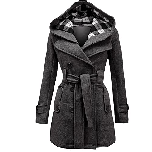 Godoboo Damen Mantel Warme Wintermantel Lange mit Kapuze Zweireihige Revers Winterjacke Trenchcoat Outwear Mit Taschen GüRtel Übergangsmantel Winter Elegant Outdoorjacke von Godoboo