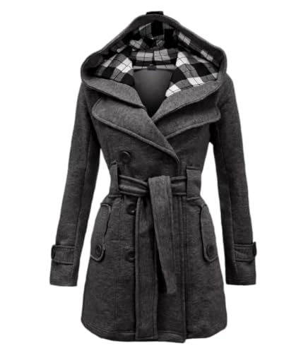Godoboo Damen Mantel Warme Wintermantel Lange mit Kapuze Zweireihige Revers Winterjacke Trenchcoat Outwear Mit Taschen GüRtel Übergangsmantel Winter Elegant Outdoorjacke von Godoboo