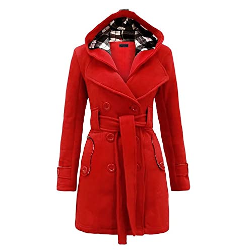 Godoboo Damen Mantel Warme Wintermantel Lange mit Kapuze Zweireihige Revers Winterjacke Trenchcoat Outwear Mit Taschen GüRtel Übergangsmantel Winter Elegant Outdoorjacke von Godoboo