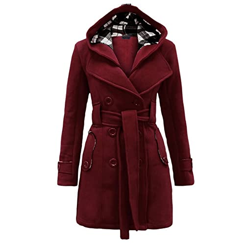 Godoboo Damen Mantel Warme Wintermantel Lange mit Kapuze Zweireihige Revers Winterjacke Trenchcoat Outwear Mit Taschen GüRtel Übergangsmantel Winter Elegant Outdoorjacke von Godoboo