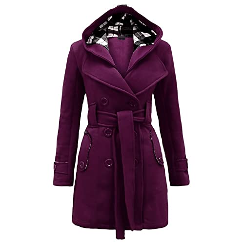 Godoboo Damen Mantel Warme Wintermantel Lange mit Kapuze Zweireihige Revers Winterjacke Trenchcoat Outwear Mit Taschen GüRtel Übergangsmantel Winter Elegant Outdoorjacke von Godoboo