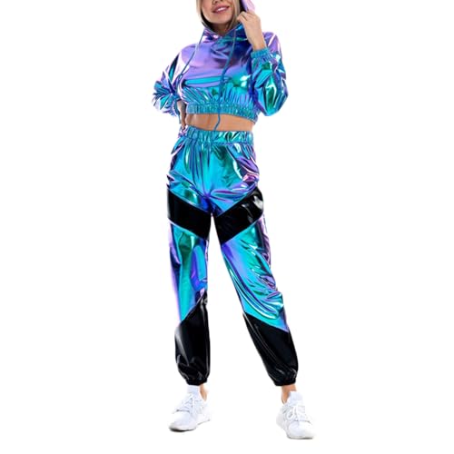 Godoboo Damen Metallic Top Glitzer Hose Club Set Trainingsanzug Jogginganzug 80er 90er Fasching Festival Party Disco Hip Hop Kostüm von Godoboo