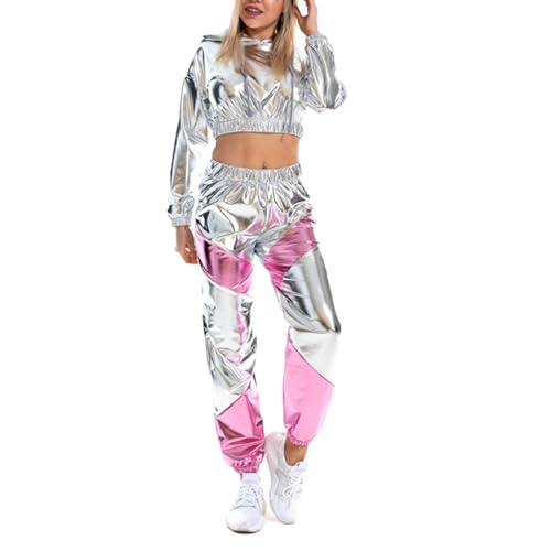 Godoboo Damen Metallic Top Glitzer Hose Damen Club Set Trainingsanzug Damen Jogginganzug 80er 90er Fasching Festival Party Disco Hip Hop Kostüm von Godoboo