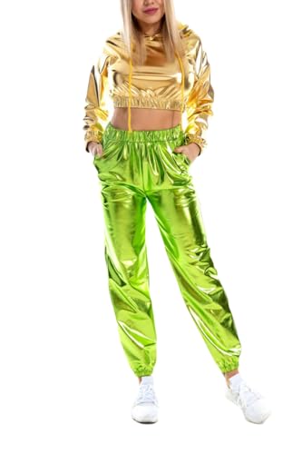 Godoboo Damen Metallic Top Glitzer Hose Damen Club Set Trainingsanzug Damen Jogginganzug 80er 90er Fasching Festival Party Disco Hip Hop Kostüm von Godoboo