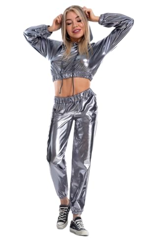 Godoboo Damen Metallic Top Glitzer Hose Damen Club Set Trainingsanzug Damen Jogginganzug 80er 90er Fasching Festival Party Disco Hip Hop Kostüm Godoboo Damen Metallic Top Glitzer Hose Damen Club Set Trainingsanzug Damen Jogginganzug 80er 90er Fasching Festival Party Disco Hip Hop Kostüm von Godoboo