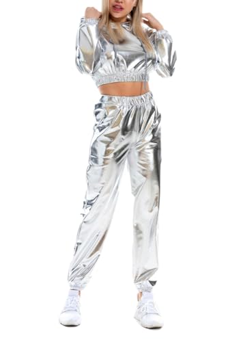 Godoboo Damen Metallic Top Glitzer Hose Club Set Trainingsanzug Jogginganzug 80er 90er Fasching Festival Party Disco Hip Hop Kostüm von Godoboo