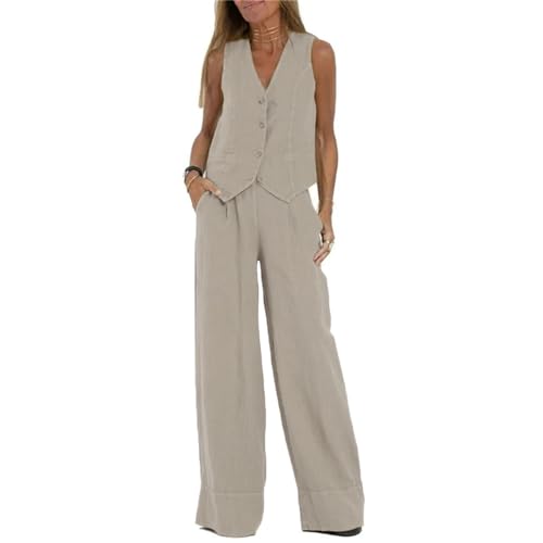 Godoboo Damen Outfits 2-teiliges Set Damen Leinen Zweiteiler Outfit Leicht Einfarbig Elegant KnopfTank-Tops und Hose Übergroßes Sweatsuit Outfits Leicht Lässiger Sportanzug Business Modische von Godoboo