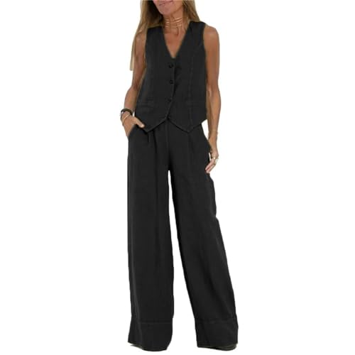 Godoboo Damen Outfits 2-teiliges Set Damen Leinen Zweiteiler Outfit Leicht Einfarbig Elegant KnopfTank-Tops und Hose Übergroßes Sweatsuit Outfits Leicht Lässiger Sportanzug Business Modische von Godoboo