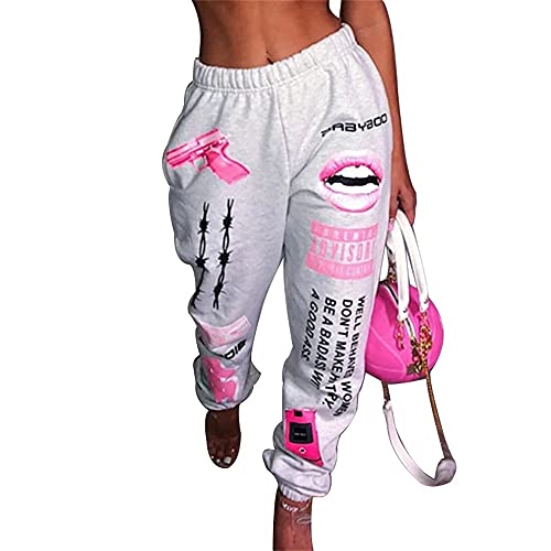 Godoboo Damen Sporthosen Jogginghose Lang Yogahose Freizeithose mit Taschen Bequem Aufdruck Kordelzug Laufhosen Baumwolle High Waist Trainingshose Sweathose für Frauen von Godoboo