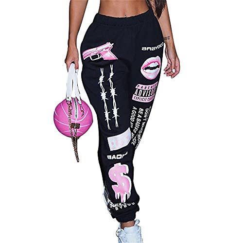 Godoboo Damen Sporthosen Jogginghose Lang Yogahose Freizeithose mit Taschen Bequem Aufdruck Kordelzug Laufhosen Baumwolle High Waist Trainingshose Sweathose für Frauen von Godoboo