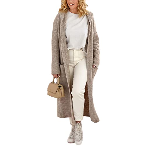 Godoboo Damen Strickjacke Lang Cardigan Kapuzenpullover Lose Warm Herbst Winter Jacke Mantel mit Kapuze Grobstrick Strick Cardigan Strickmantel Outwear Cardigan mit Taschen von Godoboo