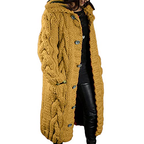 Godoboo Damen Strickjacke Pullover Lang Cardigan Einfarbig Strickcardigan Outwear Winterjacke Pulli Mit Einzig Knöpfe Jacket Strickpullover Mantel Strickmantel mit Tasche von Godoboo