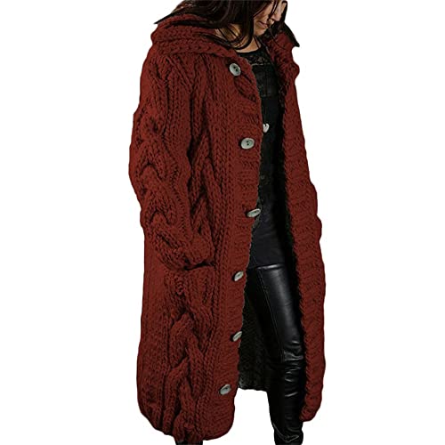 Godoboo Damen Strickjacke Pullover Lang Cardigan Einfarbig Strickcardigan Outwear Winterjacke Pulli Mit Einzig Knöpfe Jacket Strickpullover Mantel Strickmantel mit Tasche von Godoboo