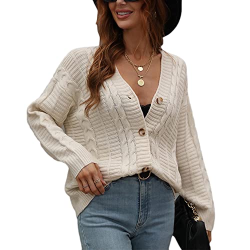 Godoboo Damen Strickjacke Pullover V Ausschnitt Pullover Cardigan Kurze Strickjacke Strickpullover Jacke mit Knopf Herbst Winter Strickmantel Langarmpullover Winterjacke von Godoboo