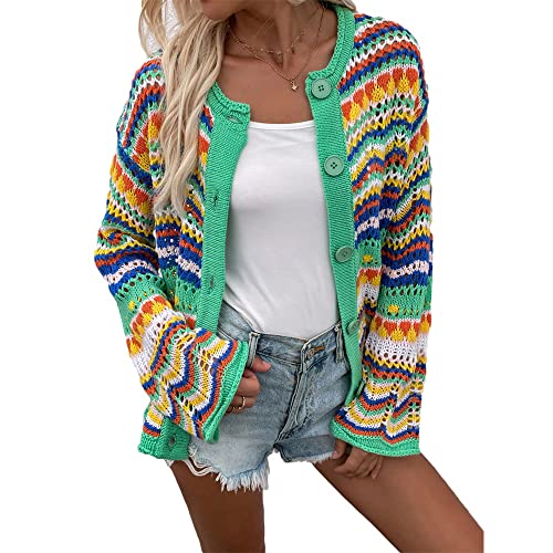 Godoboo Damen Strickjacke Regenbogen Cardigan Pullover Winter Strickpullover Elegant Offen Langarm Outwear Strickmantel Warm Strickpullover Herbst Winter Strickcardigan von Godoboo