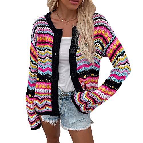 Godoboo Damen Strickjacke Regenbogen Cardigan Pullover Winter Strickpullover Elegant Offen Langarm Outwear Strickmantel Warm Strickpullover Herbst Winter Strickcardigan von Godoboo