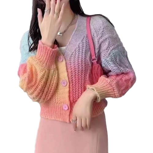 Godoboo Damen Strickjacke Regenbogen Cardigan Pullover Winter Strickpullover Elegant Offen Langarm Outwear Strickmantel Warm Strickpullover Herbst Winter Strickcardigan von Godoboo